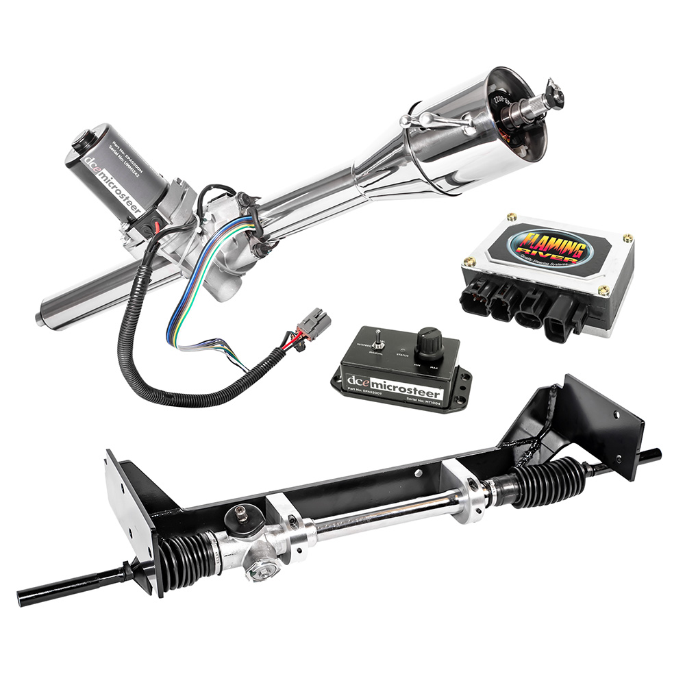 FR30065HREP-PL - 65-66 Mustang Manual Rack &amp; Pinion Cradle Kit with Microsteer Column: OE Spindles - Polished Column