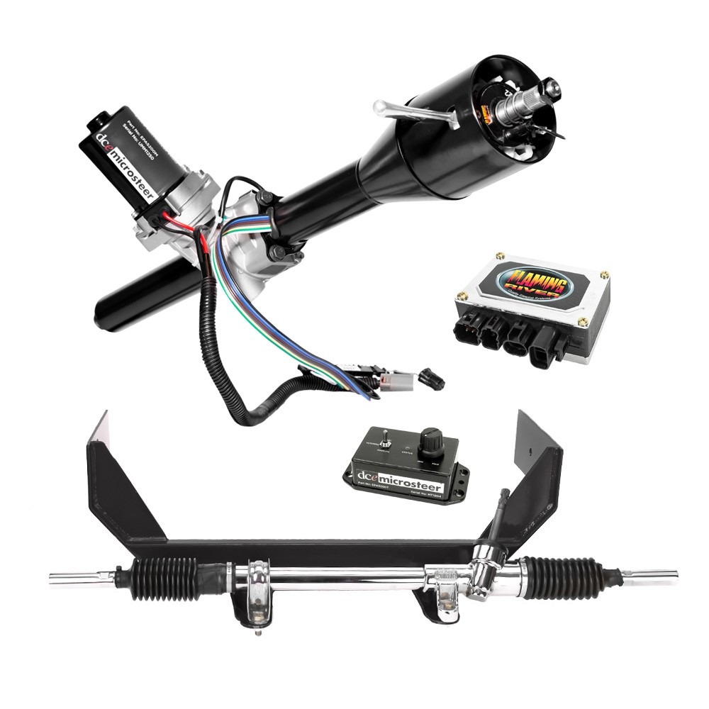 FR30065EP2BK 65-66 Mustang Manual Rack &amp; Pinion Cradle Kit with Microsteer Column: Granada Spindles - Black Powdercoated Column